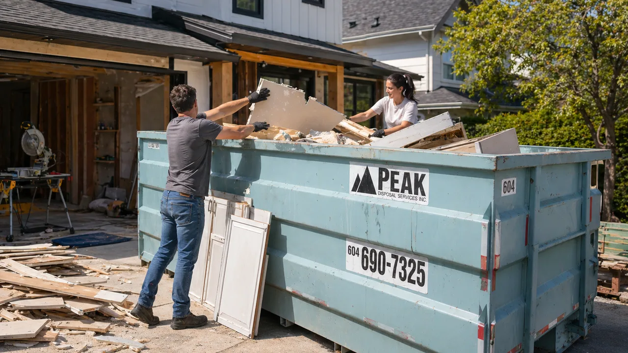 Home cleanout debris being loaded into a driveway bin for a Richmond project