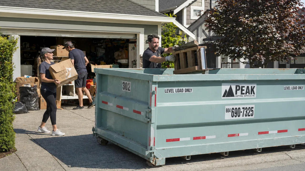 Garage cleanout material being loaded into a residential bin for a Burnaby home