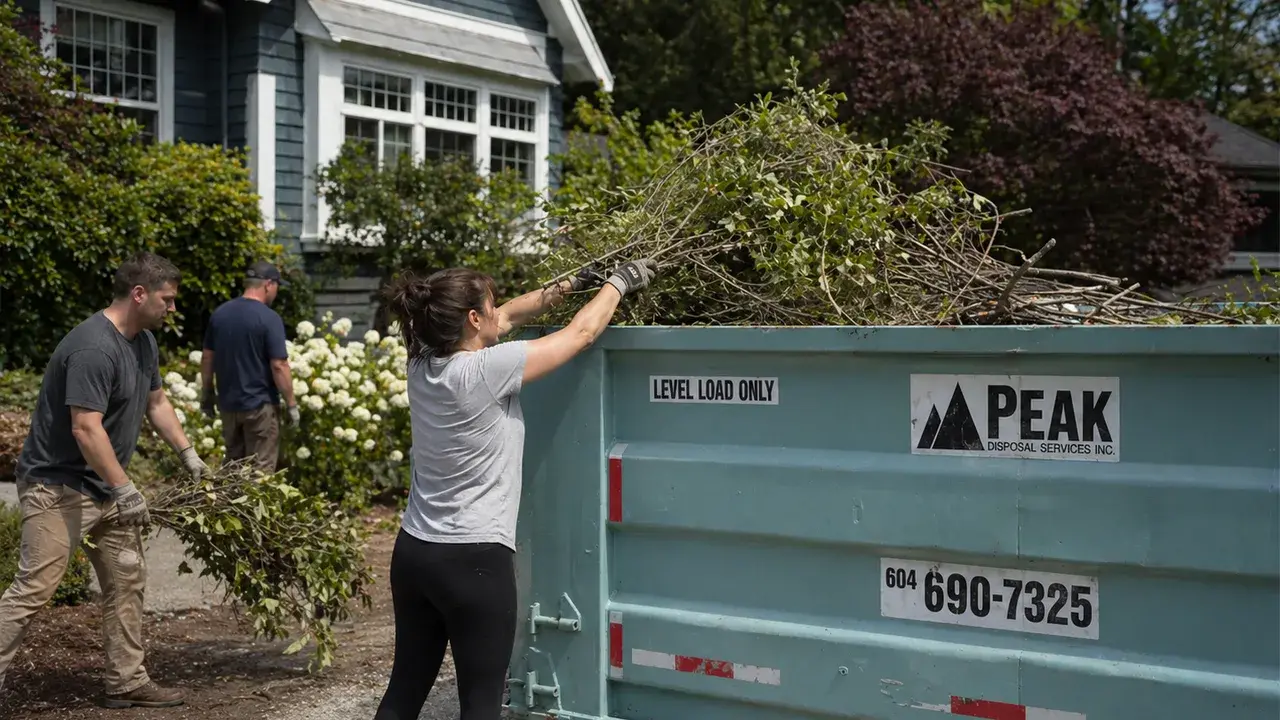 Home renovation debris being loaded into a residential bin for a Port Moody project