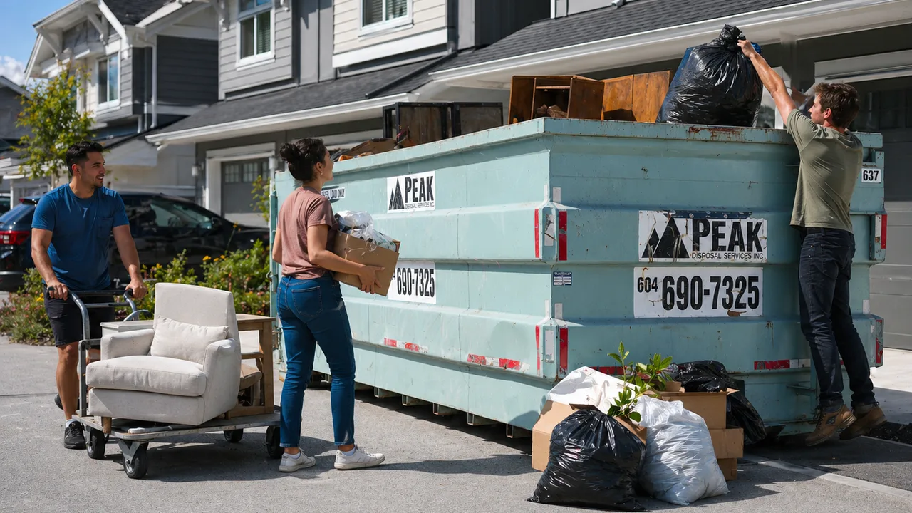Household junk from a moving cleanup being loaded into a rental bin