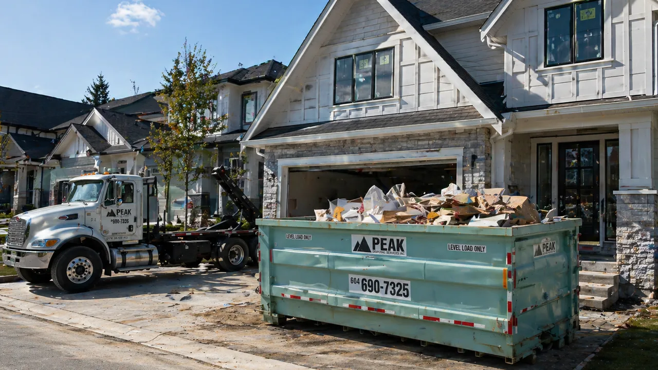 Peak Recycling bin filled with residential cleanup material in a home driveway