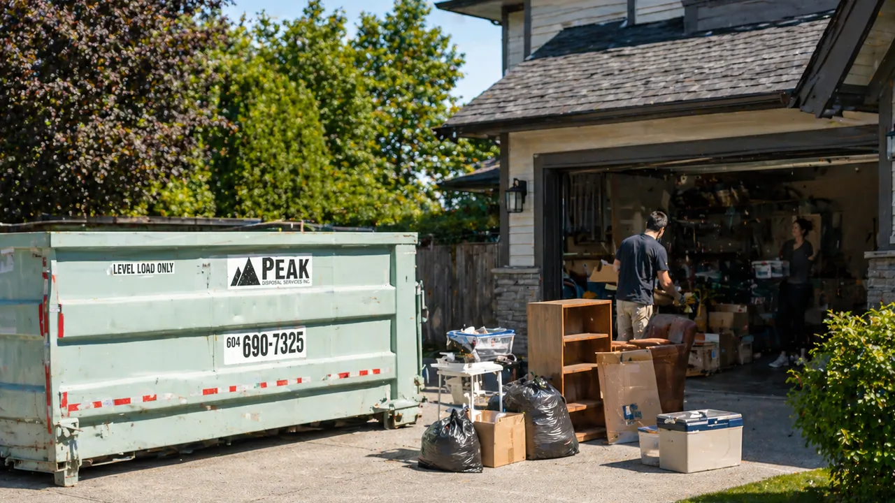Peak Recycling bin beside a garage during a residential cleanout