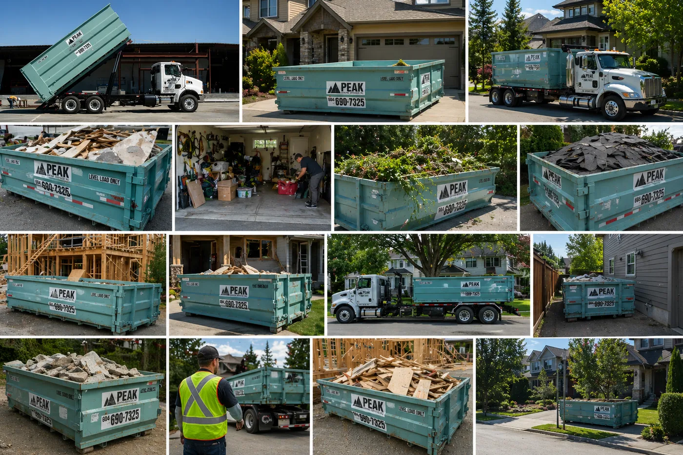 Collage of Peak Recycling bins and trucks used for residential cleanup, roofing, yard waste, construction debris, and heavy material projects