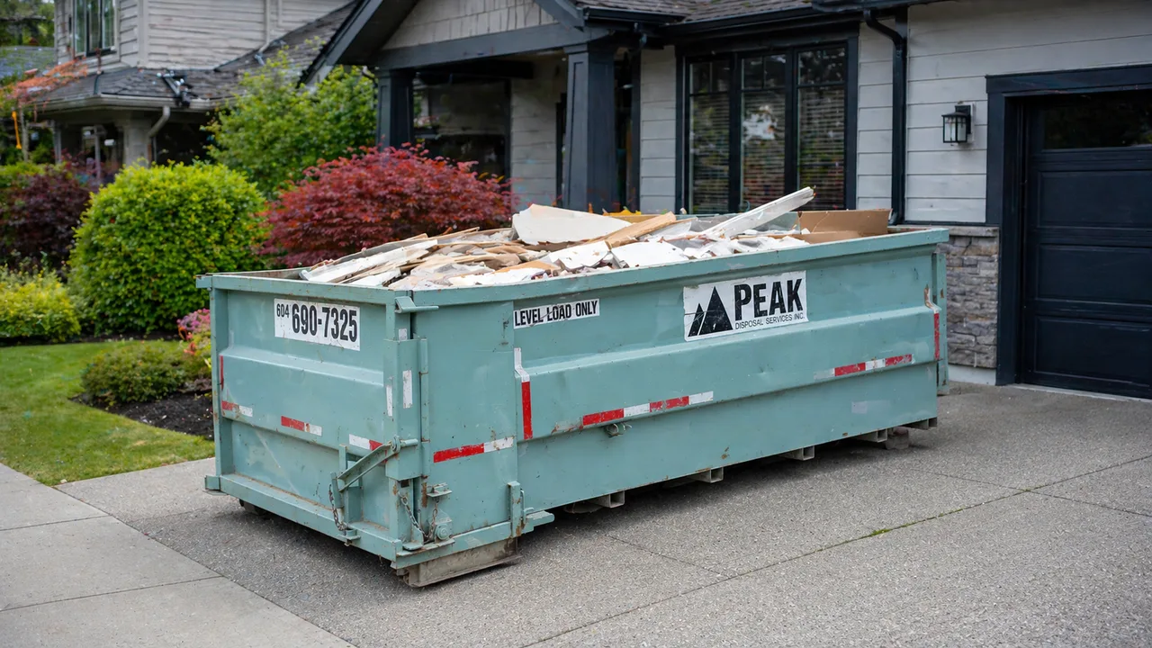 Drywall and renovation debris loaded into a residential driveway bin