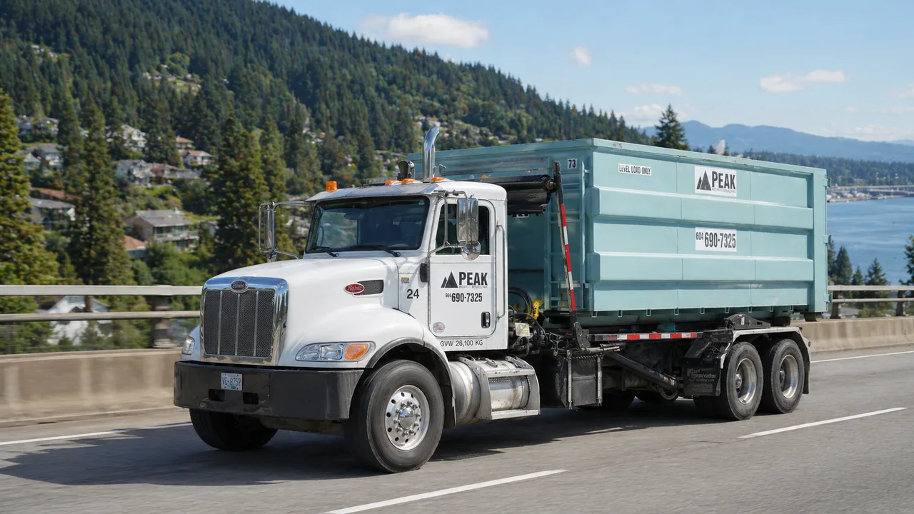 Residential bin delivery truck bringing a rental bin to a home driveway