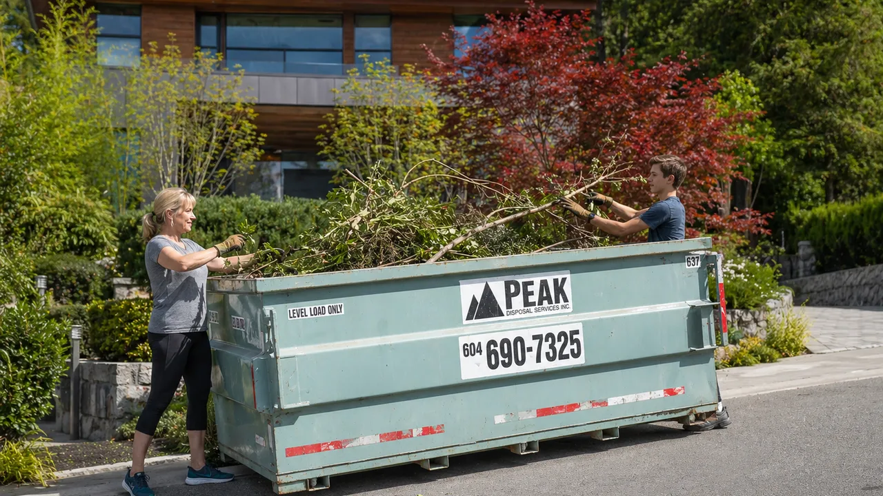 Residential cleanup waste being loaded into a rental bin for a Coquitlam home