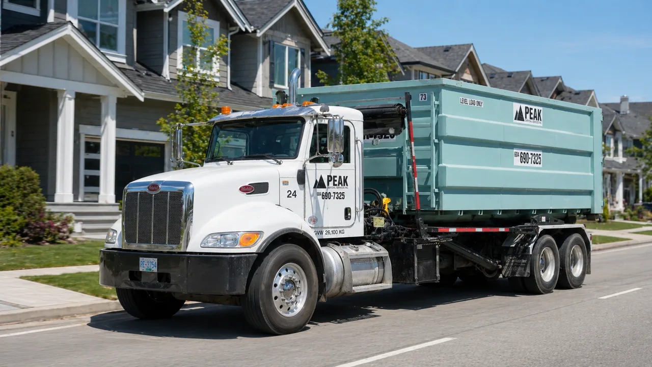Roll off bin truck carrying a residential disposal bin after home project pickup