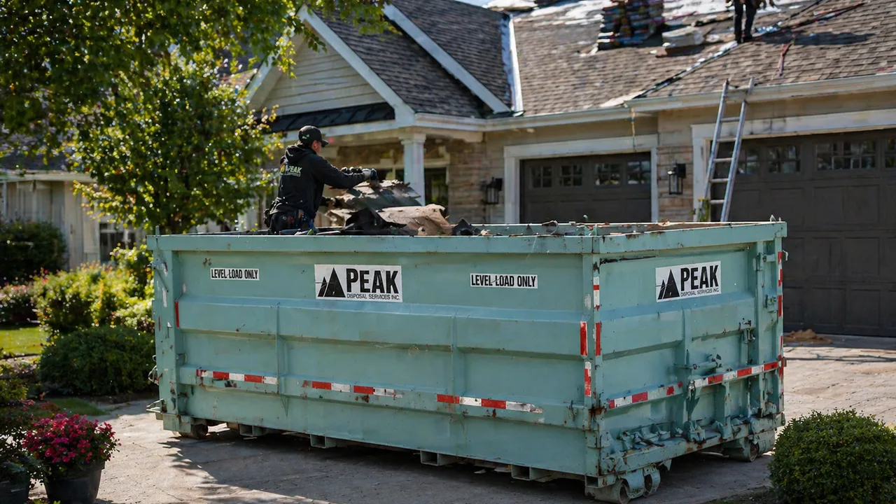 Peak Recycling bin in a driveway while roofing work is underway on a residential home