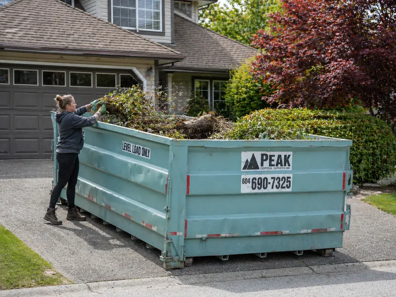 Yard waste being loaded into a residential driveway bin